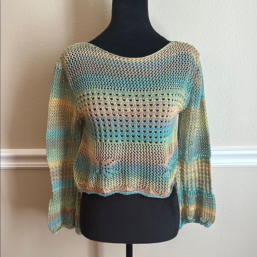 Multicolor Knit Women's Top Cover up  Cropped Bell Sleeve XS Beachy